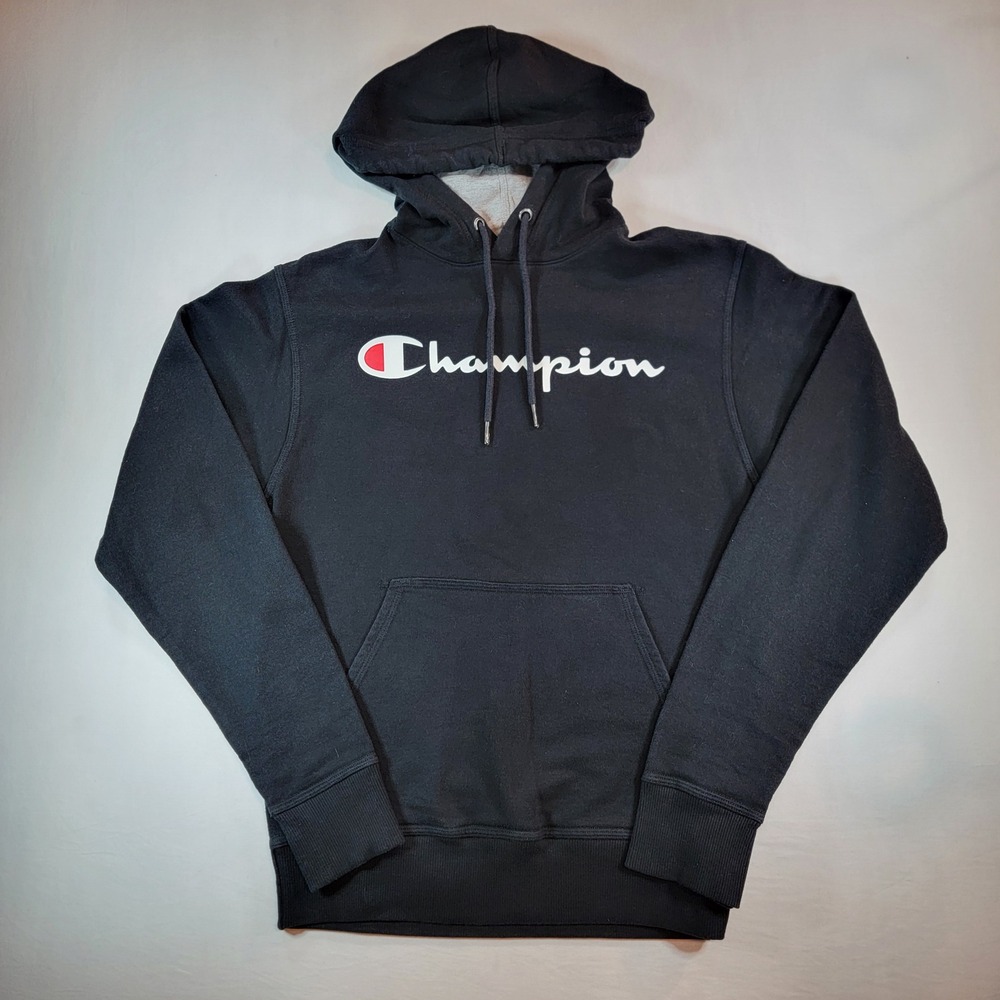 Champion Mens Powerblend Hoodie Black Script Logo Sweatshirt Small